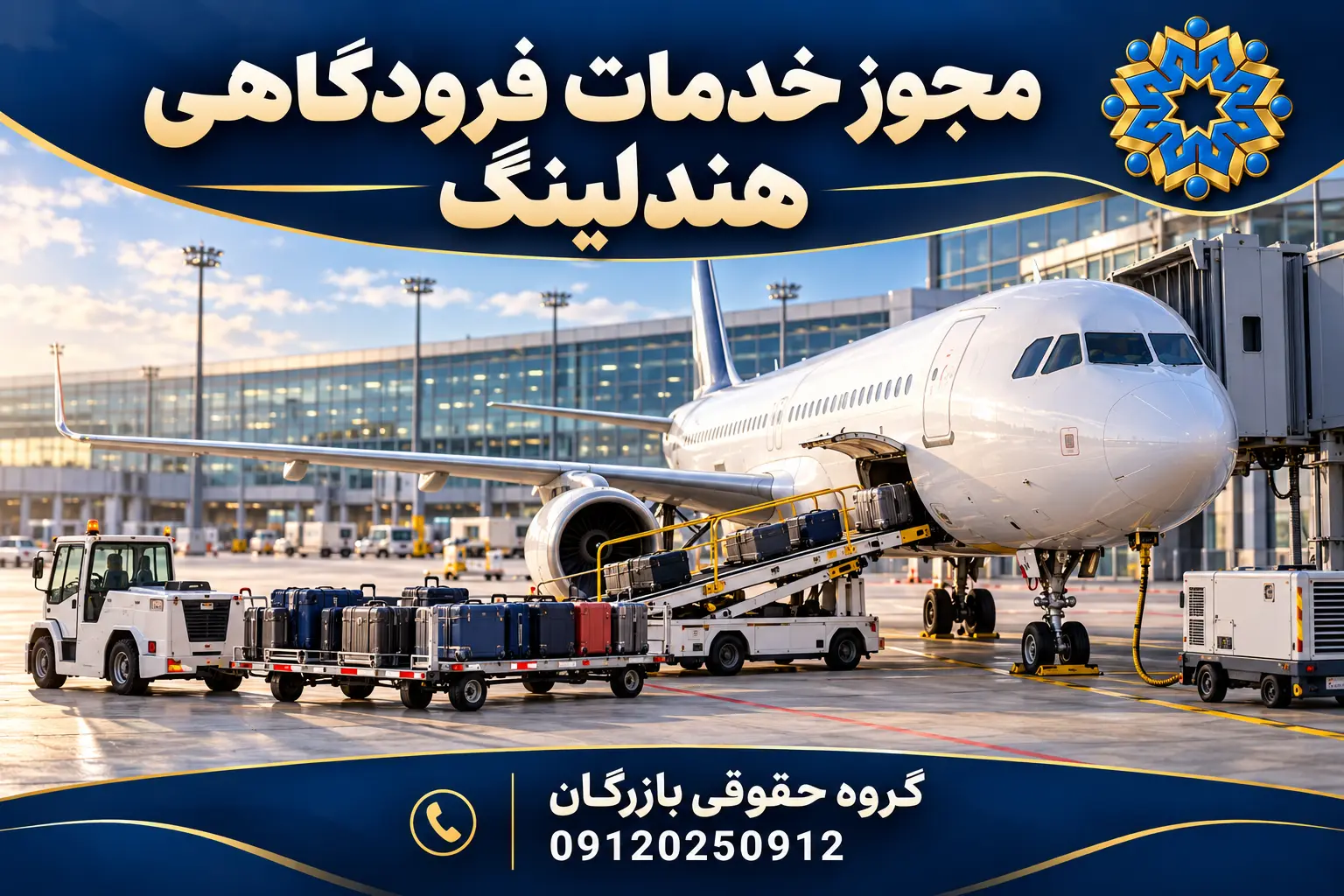 تصویرسازی اختصاصی خدمات فرودگاهی با هواپیما، نوار بارگیری چمدان و تجهیزات زمینی؛ گروه حقوقی بازرگان