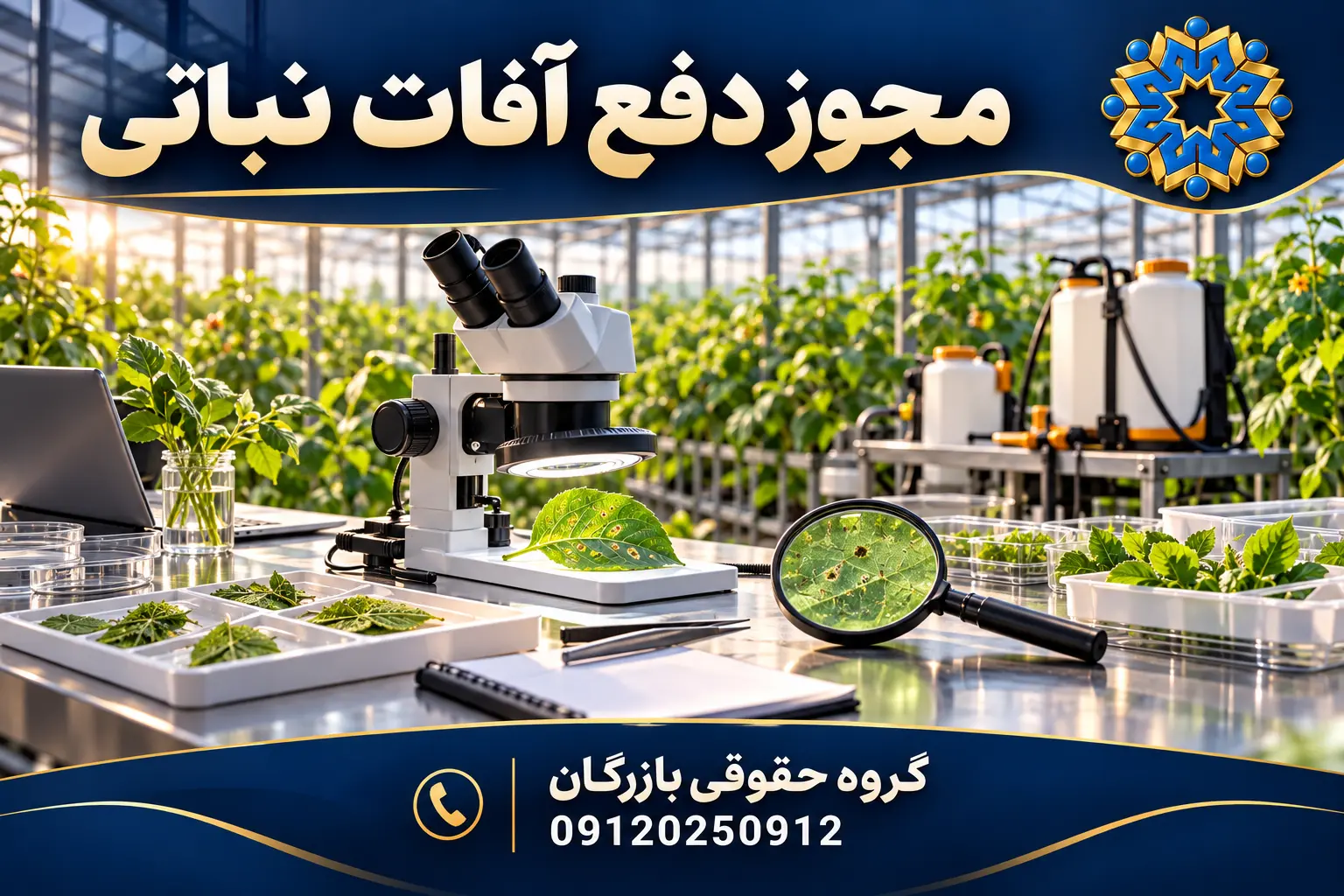 تصویرسازی اختصاصی بررسی آفات گیاهی با میکروسکوپ و نمونه برگ در محیط گلخانه؛ گروه حقوقی بازرگان