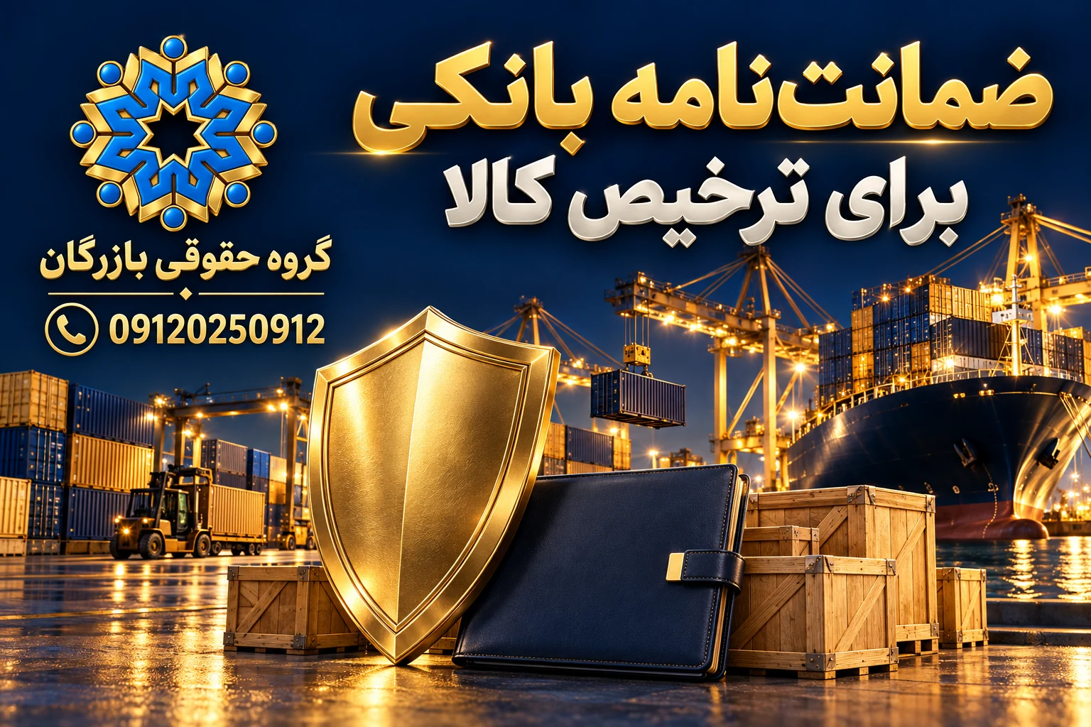 ضمانت‌نامه بانکی برای ترخیص کالا؛ تصویر مفهومی بندر، پرونده و سپر، گروه حقوقی بازرگان