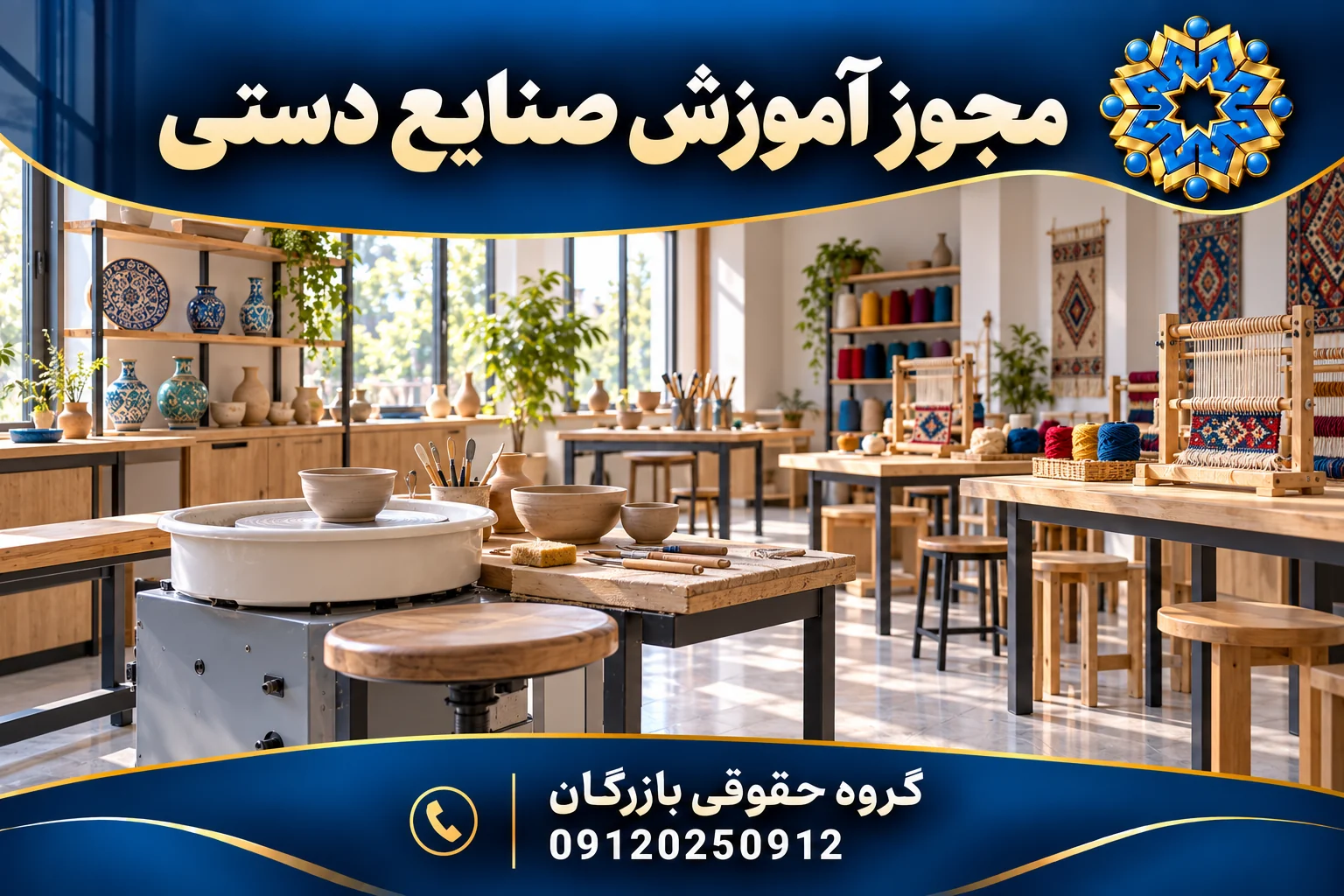 مجوز آموزش صنایع دستی 3 کارگاه آموزش صنایع دستی با میزهای سفالگری و بافندگی و نشان گروه حقوقی بازرگان
