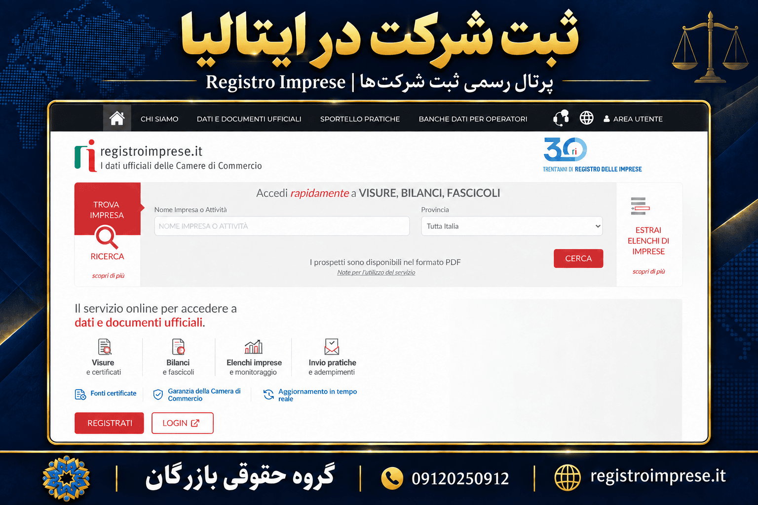 ثبت شرکت در ایتالیا ۲۰۲۶؛ سرمایه Srl، مدارک و مالیات 3 پرتال رسمی ثبت شرکتهای ایتالیا Registro Imprese، گروه حقوقی بازرگان، 09120250912