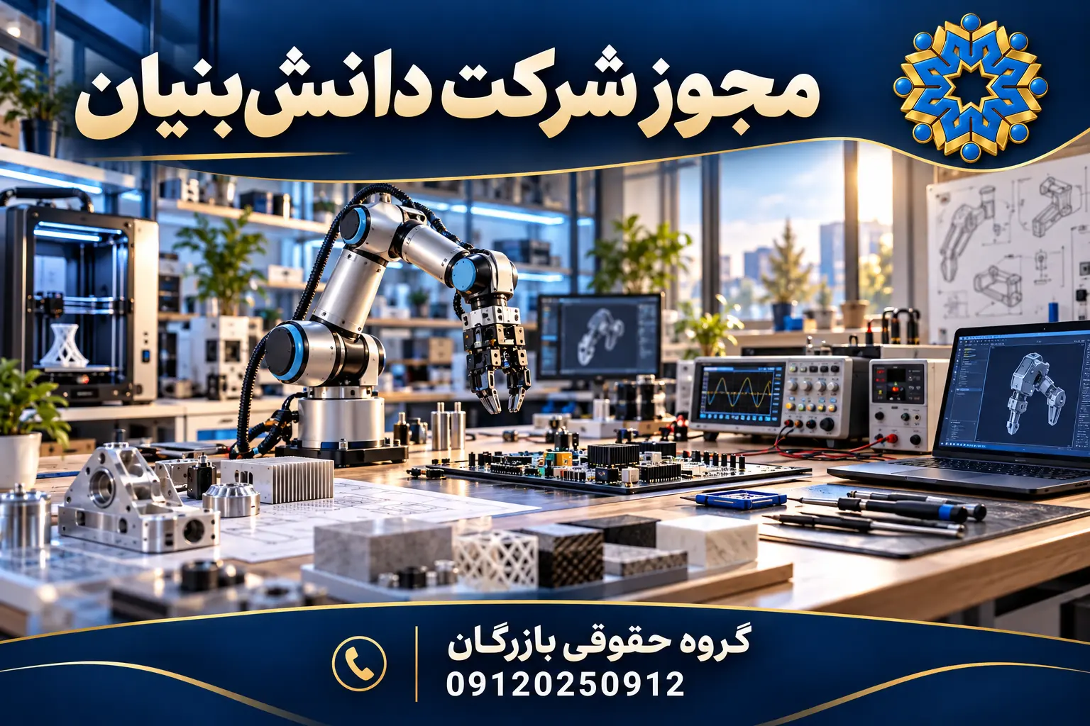 مجوز شرکت دانش بنیان 3 تصویرسازی اختصاصی محیط تحقیق و توسعه شرکت دانشبنیان با بازوی رباتیک و تجهیزات الکترونیکی؛ گروه حقوقی بازرگان