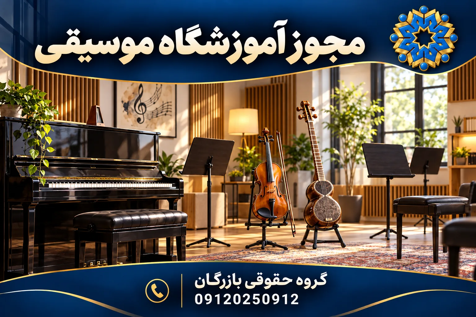 تصویرسازی اختصاصی فضای آموزشگاه موسیقی با پیانو، ویولن و تار؛ گروه حقوقی بازرگان