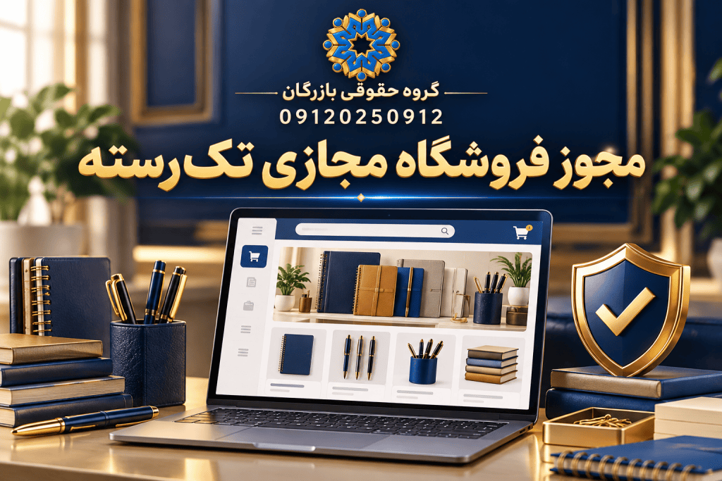 تصویر مفهومی فروشگاه اینترنتی تک‌رسته با محصولات نوشت‌افزار و نشان گروه حقوقی بازرگان