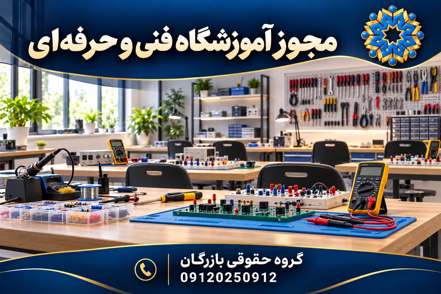 تصویرسازی اختصاصی کارگاه آموزش فنی و حرفه‌ای با میزهای الکترونیک و ابزار آموزشی؛ گروه حقوقی بازرگان
