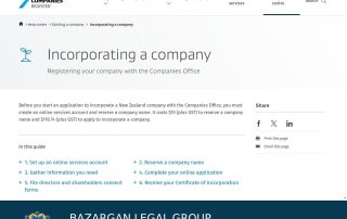صفحه رسمی ثبت شرکت در سامانه Companies Register نیوزیلند با نوار گروه حقوقی بازرگان