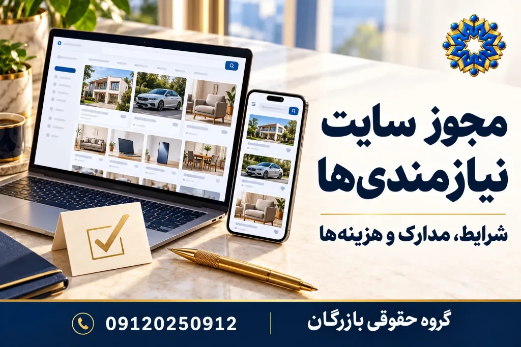 مجوز سایت نیازمندی‌ها و ثبت آگهی؛ لپ‌تاپ و تلفن همراه با نشان گروه حقوقی بازرگان و شماره 09120250912